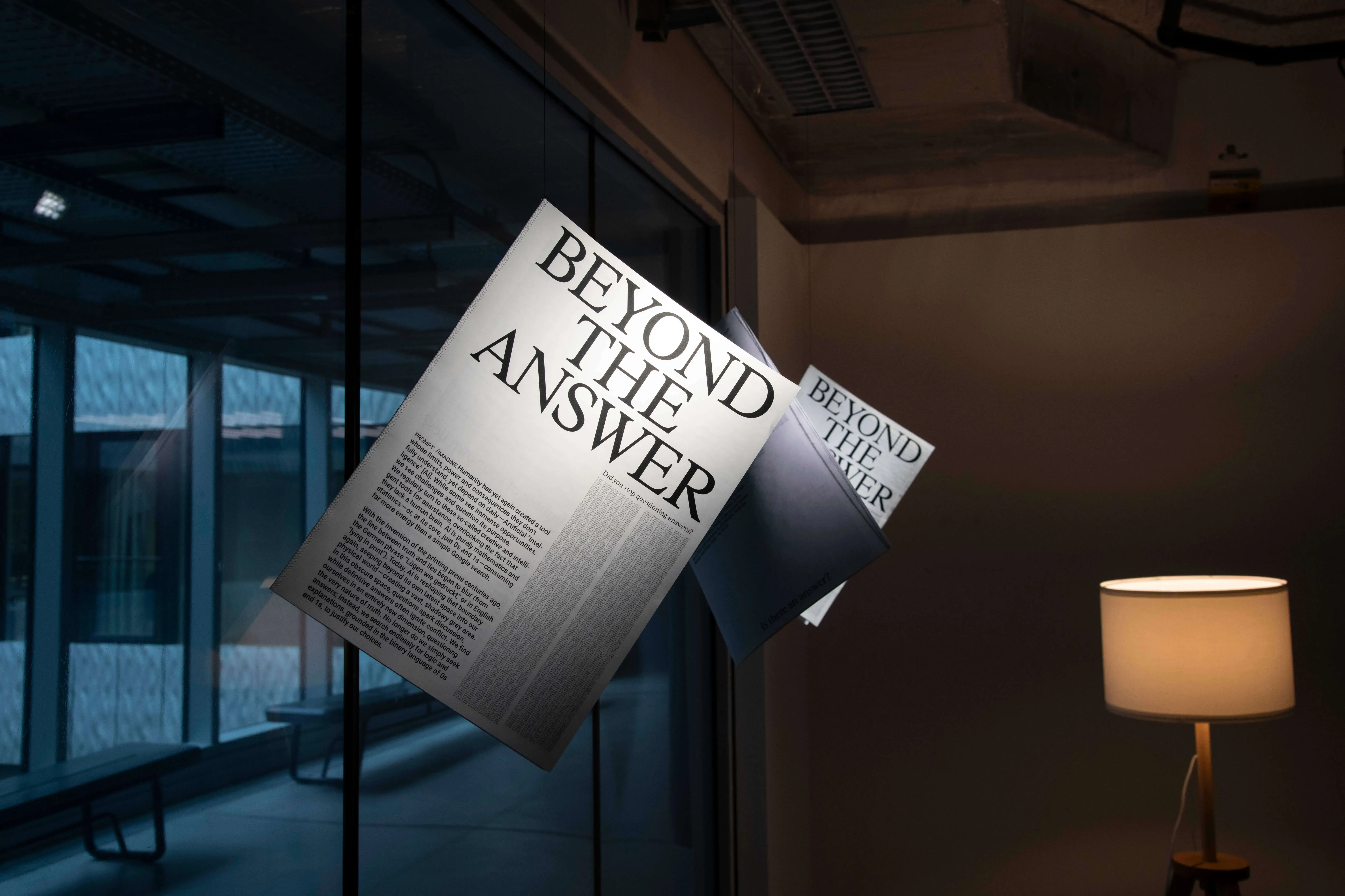 newspaper hanging from wall, floating in a warm room light ambiance