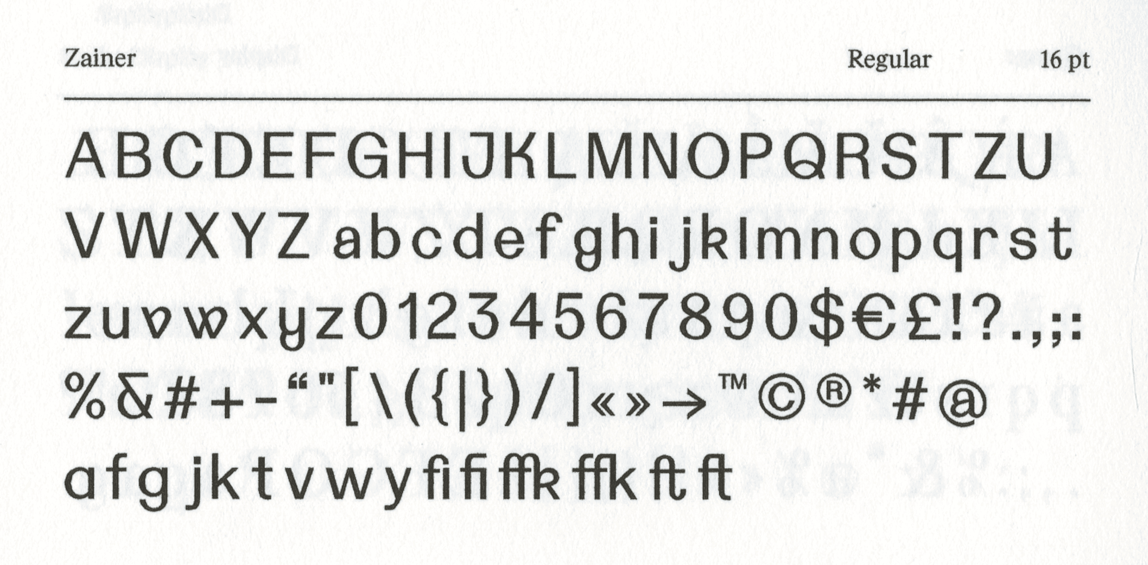 Zainer Specimen all glyphs